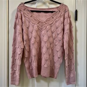 NWOT Woman’s Pink Lace V-Neck Sweater Size Small
